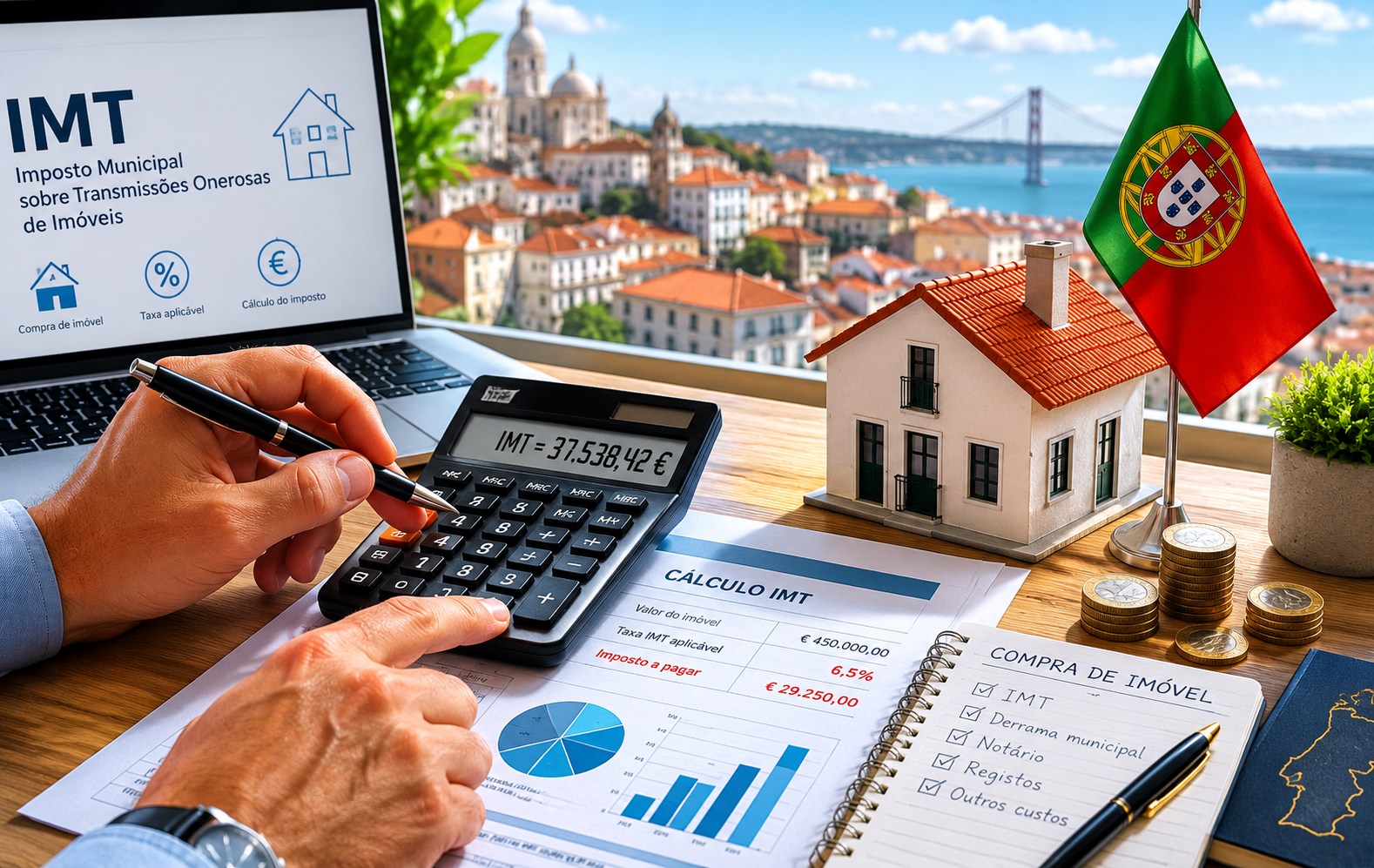Persona calculando impuestos inmobiliarios en Portugal